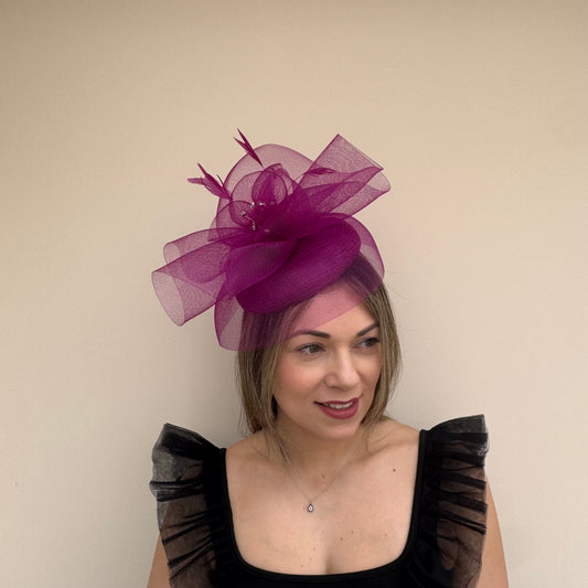J Bees JB26/110 Vibrant Deep Plum Pillbox Fascinator with Net