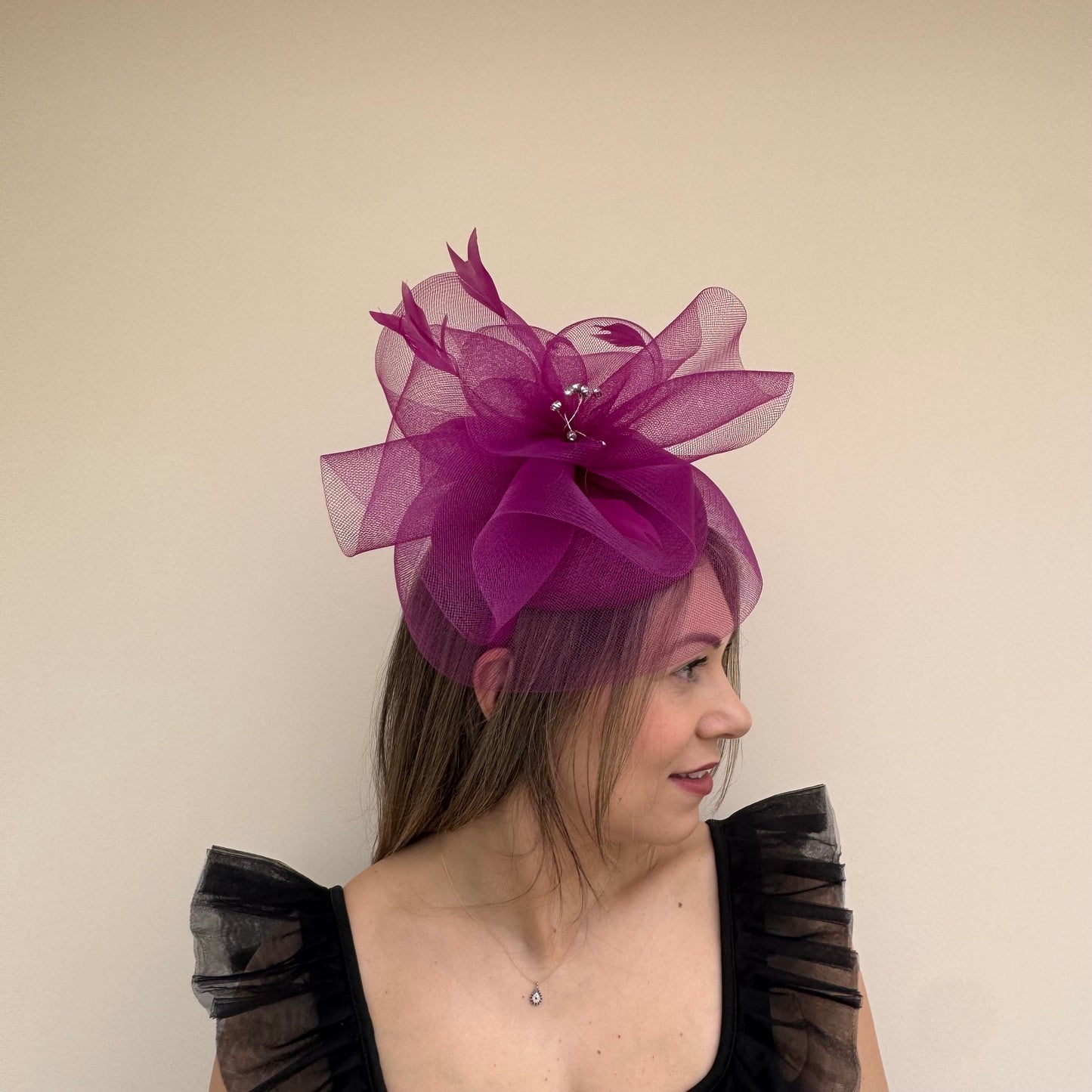 J Bees JB26/110 Vibrant Deep Plum Pillbox Fascinator with Net