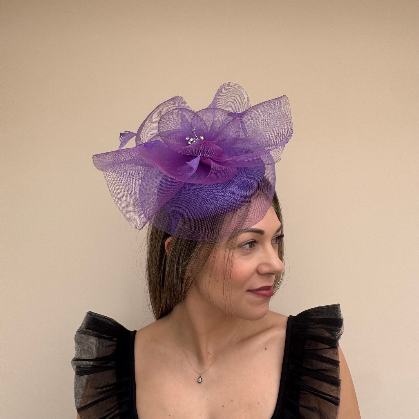 J Bees JB26/110 Midnight Purple Pillbox Fascinator with Net