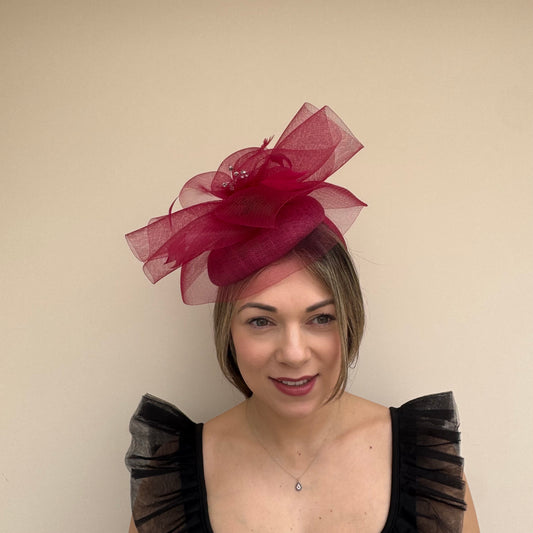 J Bees JB26/110 Garnet Red Pillbox Fascinator with Net