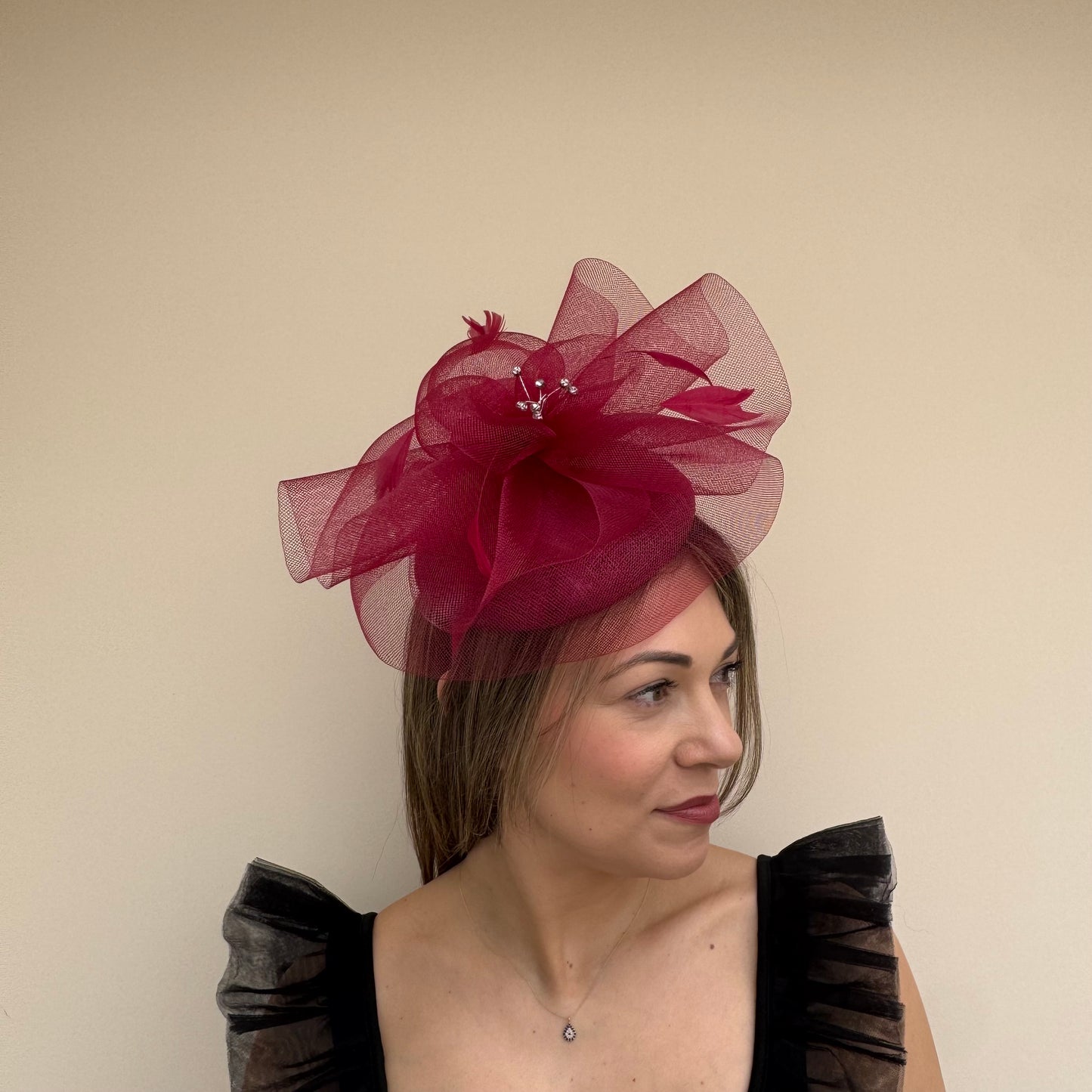 J Bees JB26/110 Garnet Red Pillbox Fascinator with Net