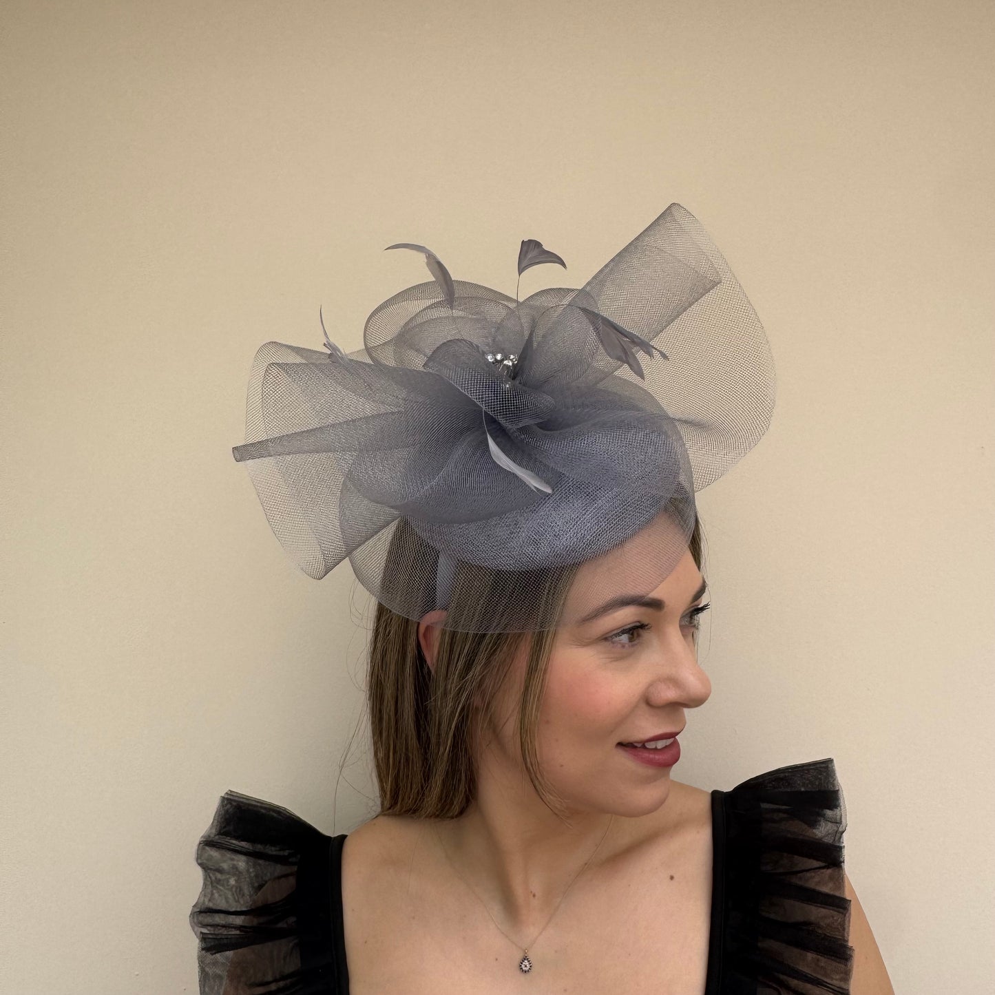 J Bees JB26/110 Steel Grey Pillbox Fascinator with Net