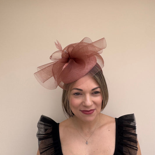 J Bees JB26/110 Mocha Brown Pillbox Fascinator with Net