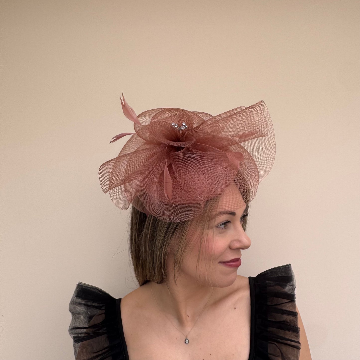 J Bees JB26/110 Mocha Brown Pillbox Fascinator with Net