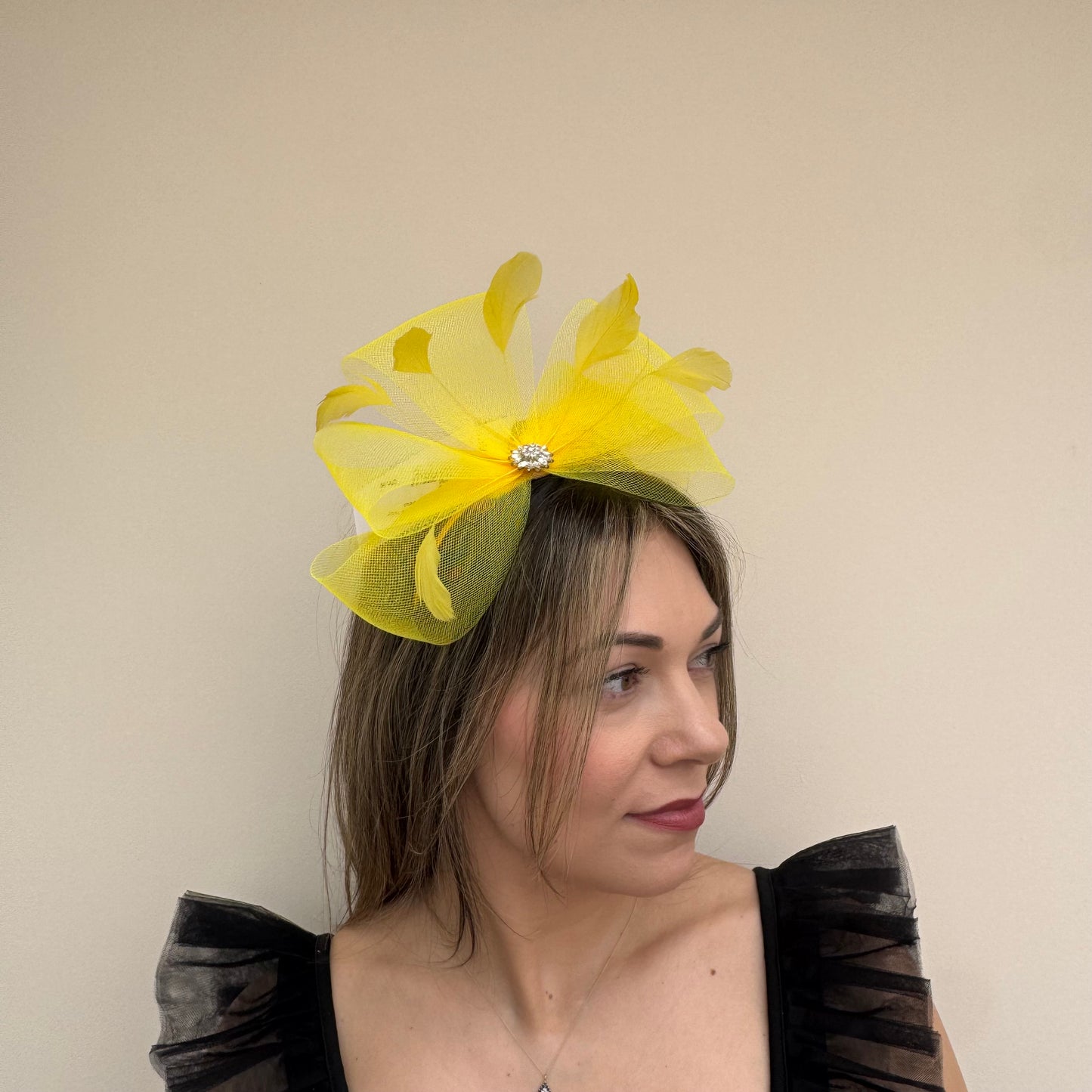 J Bees JB25/69A Lemon Yellow Fascinator with sparkle
