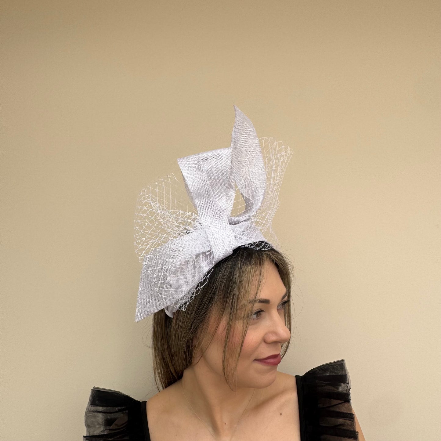 J Bees JB26/144 White Headband with Net Fascinator