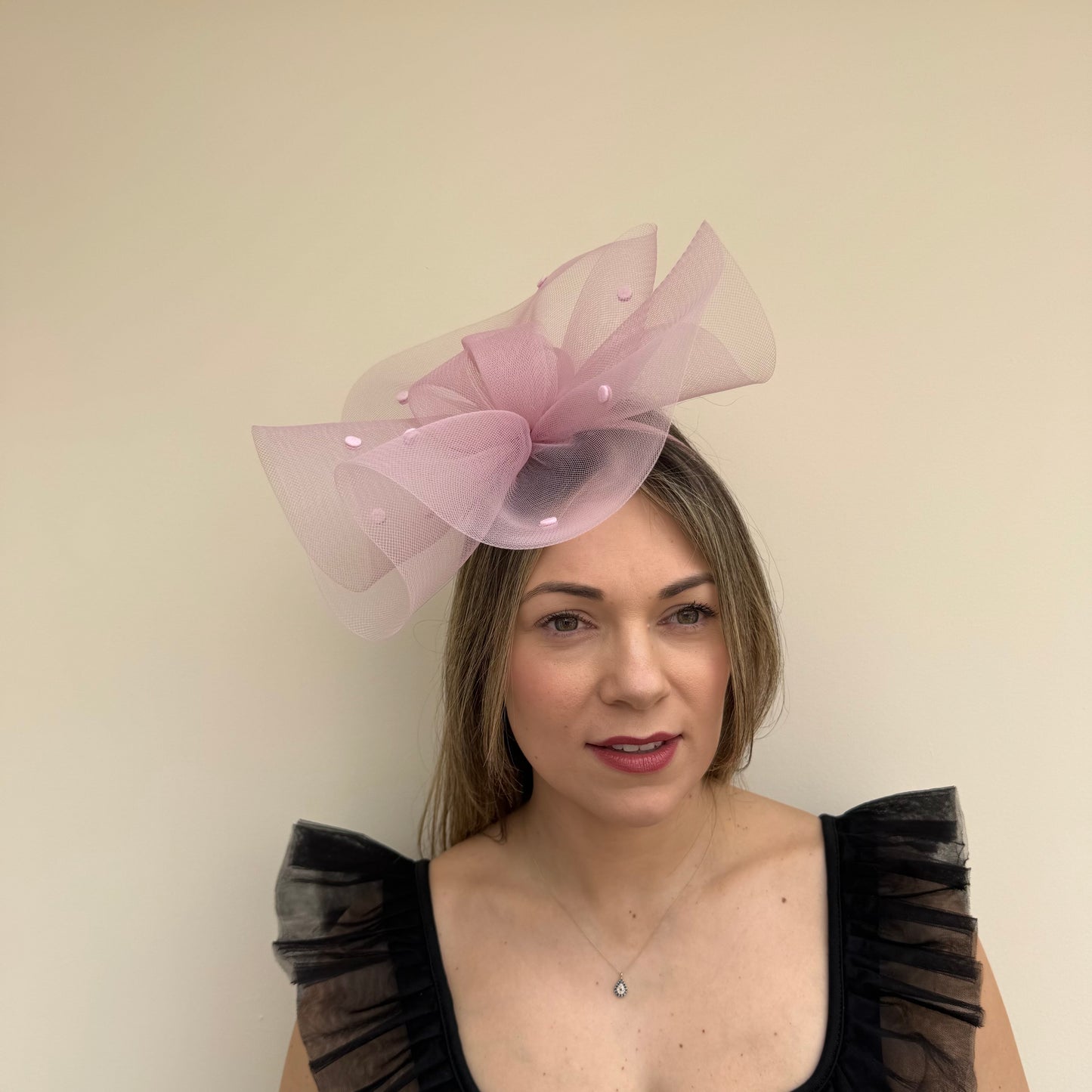 J Bees JB26/125 Heather Pink Net Polka Dot Fascinator