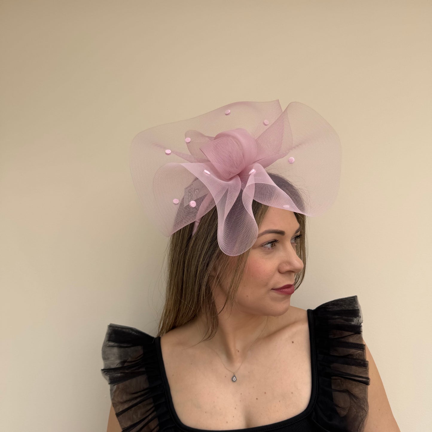 J Bees JB26/125 Heather Pink Net Polka Dot Fascinator