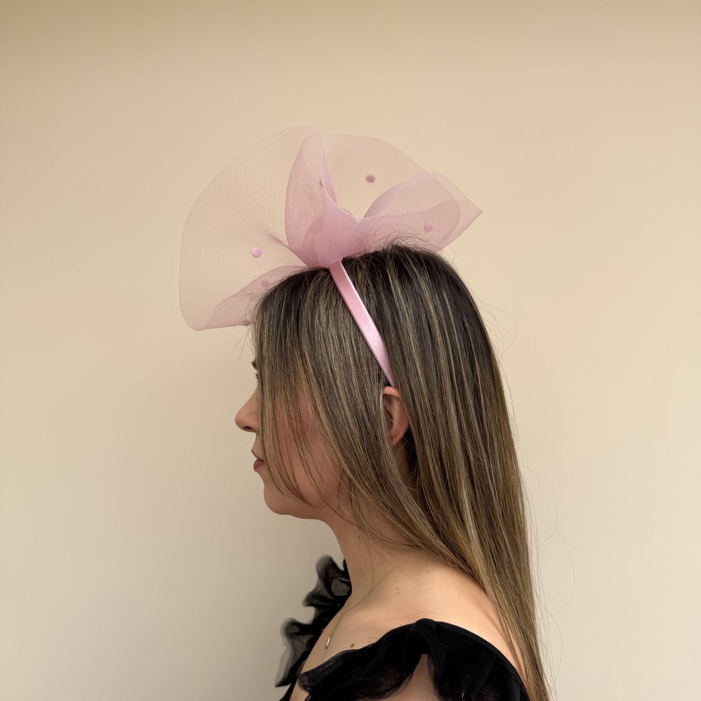 J Bees JB26/125 Heather Pink Net Polka Dot Fascinator