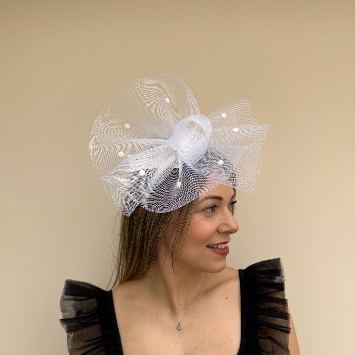 J Bees JB26/125 White Net Polka Dot Fascinator