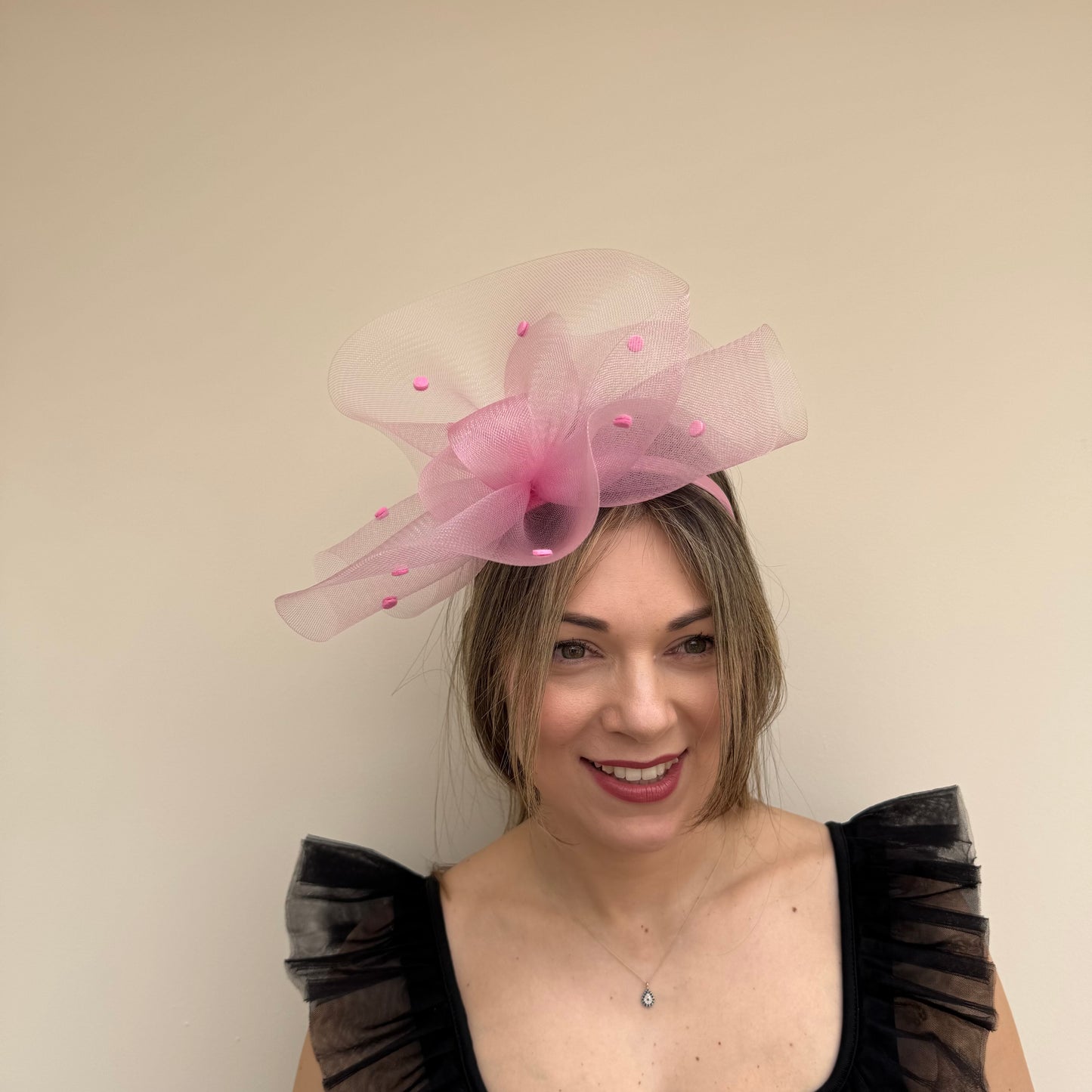 J Bees JB26/125 Tulip Pink Net Polka Dot Fascinator