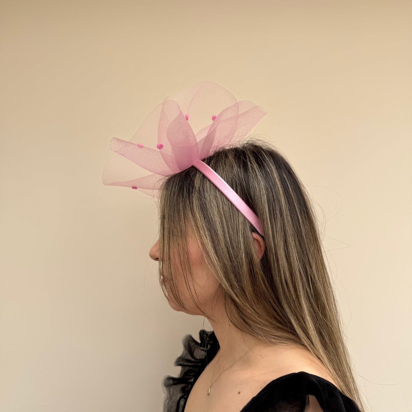 J Bees JB26/125 Tulip Pink Net Polka Dot Fascinator