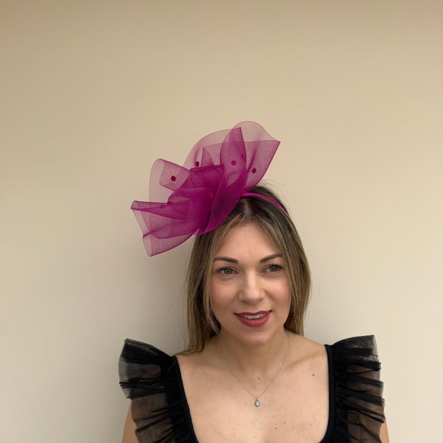 J Bees JB26/125 Vibrant Deep Pink Net Polka Dot Fascinator