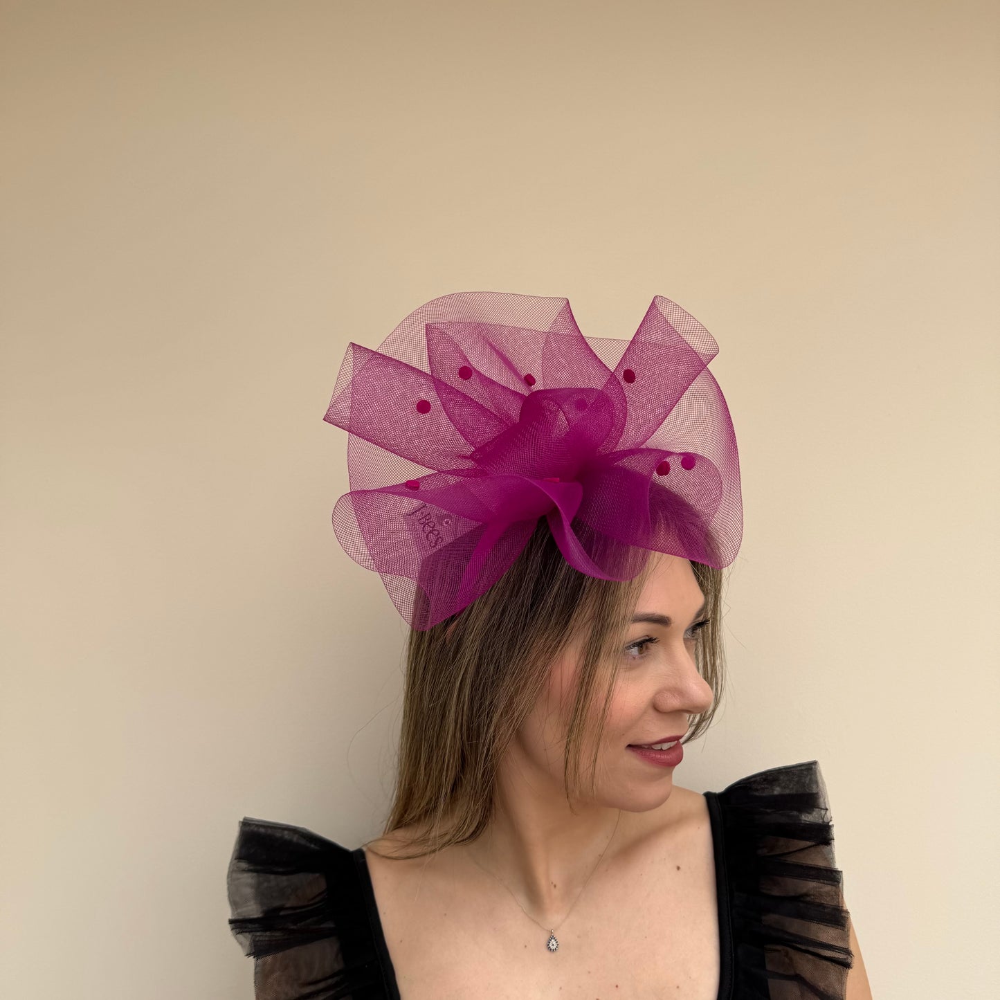 J Bees JB26/125 Vibrant Deep Pink Net Polka Dot Fascinator