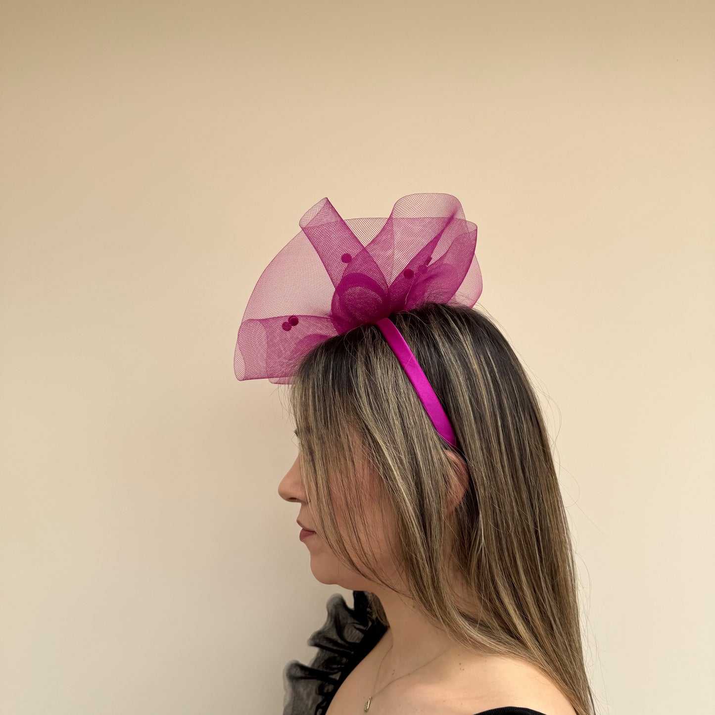 J Bees JB26/125 Vibrant Deep Pink Net Polka Dot Fascinator
