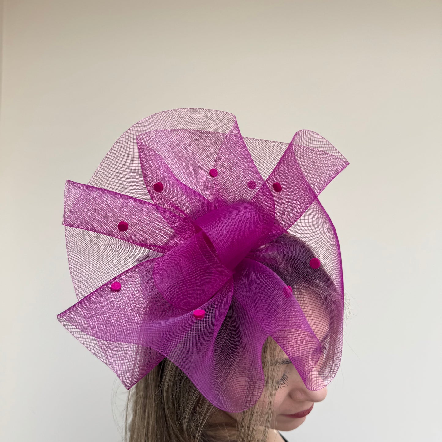 J Bees JB26/125 Vibrant Deep Pink Net Polka Dot Fascinator