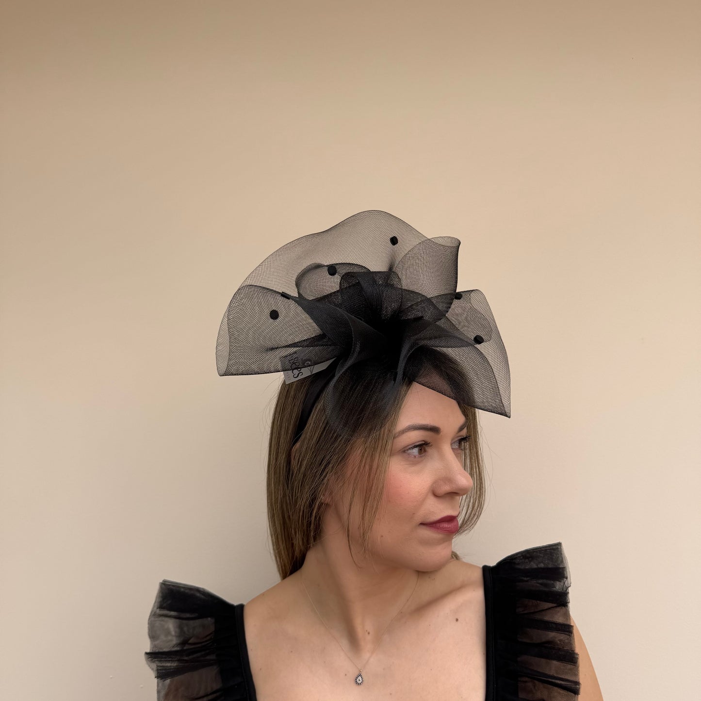 J Bees JB26/125 Black Net Polka Dot Fascinator
