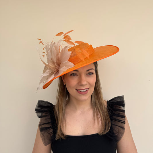 J Bees JB26/134 Tangerine Orange and Pebble Beige Boater Hatinator with Feathers Tangerine/Pebble