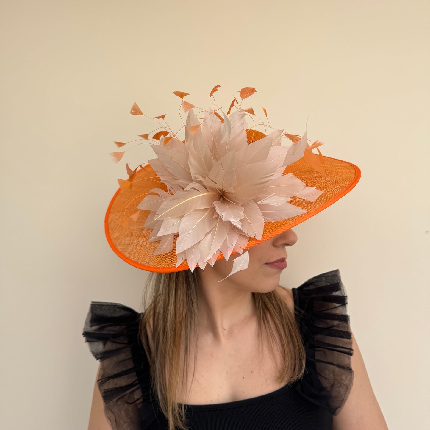 J Bees JB26/134 Tangerine Orange and Pebble Beige Boater Hatinator with Feathers Tangerine/Pebble