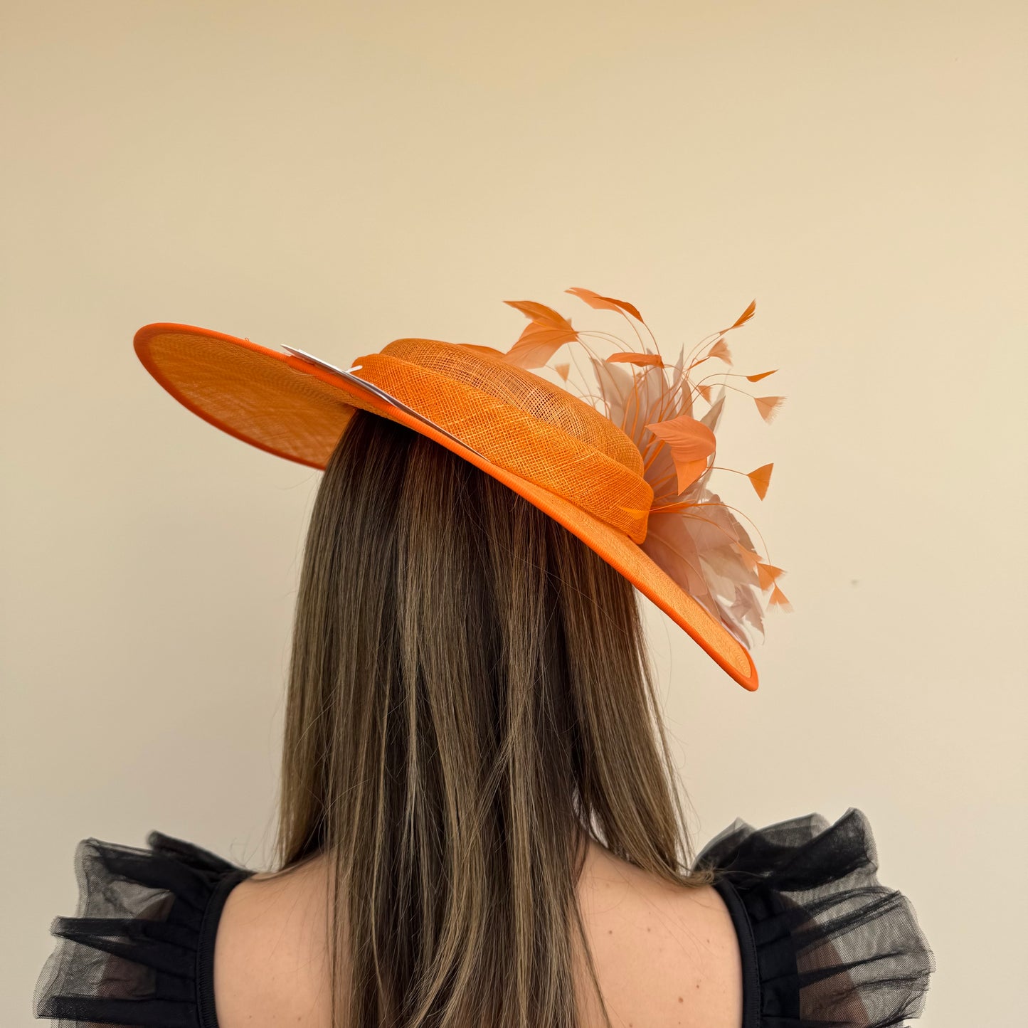 J Bees JB26/134 Tangerine Orange and Pebble Beige Boater Hatinator with Feathers Tangerine/Pebble