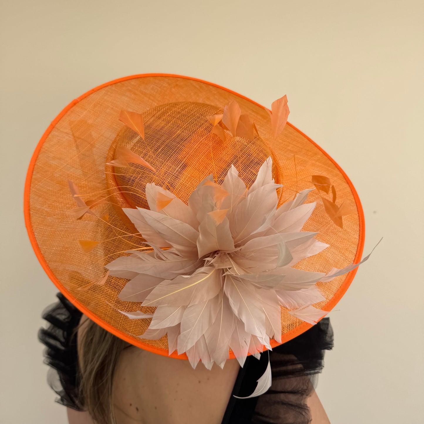 J Bees JB26/134 Tangerine Orange and Pebble Beige Boater Hatinator with Feathers Tangerine/Pebble