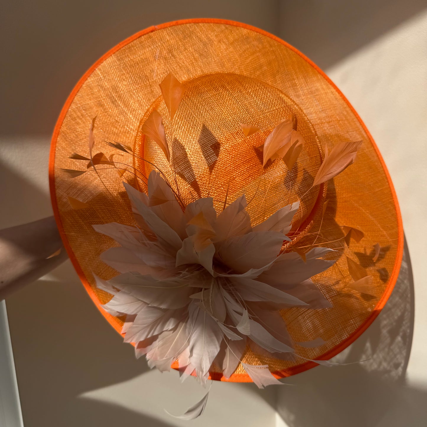 J Bees JB26/134 Tangerine Orange and Pebble Beige Boater Hatinator with Feathers Tangerine/Pebble