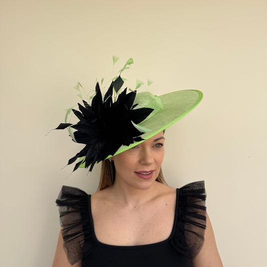 J Bees JB26/134 Lime and Black Boater Hatinator with Feathers Lime/Black