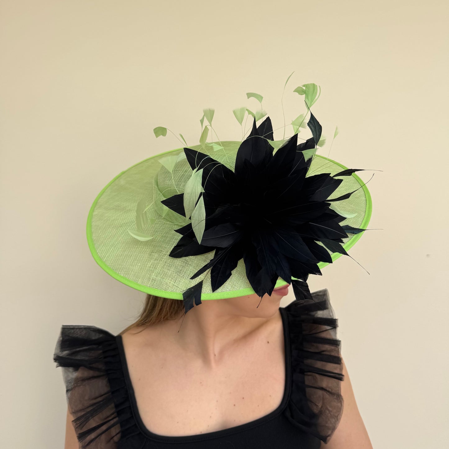 J Bees JB26/134 Lime and Black Boater Hatinator with Feathers Lime/Black