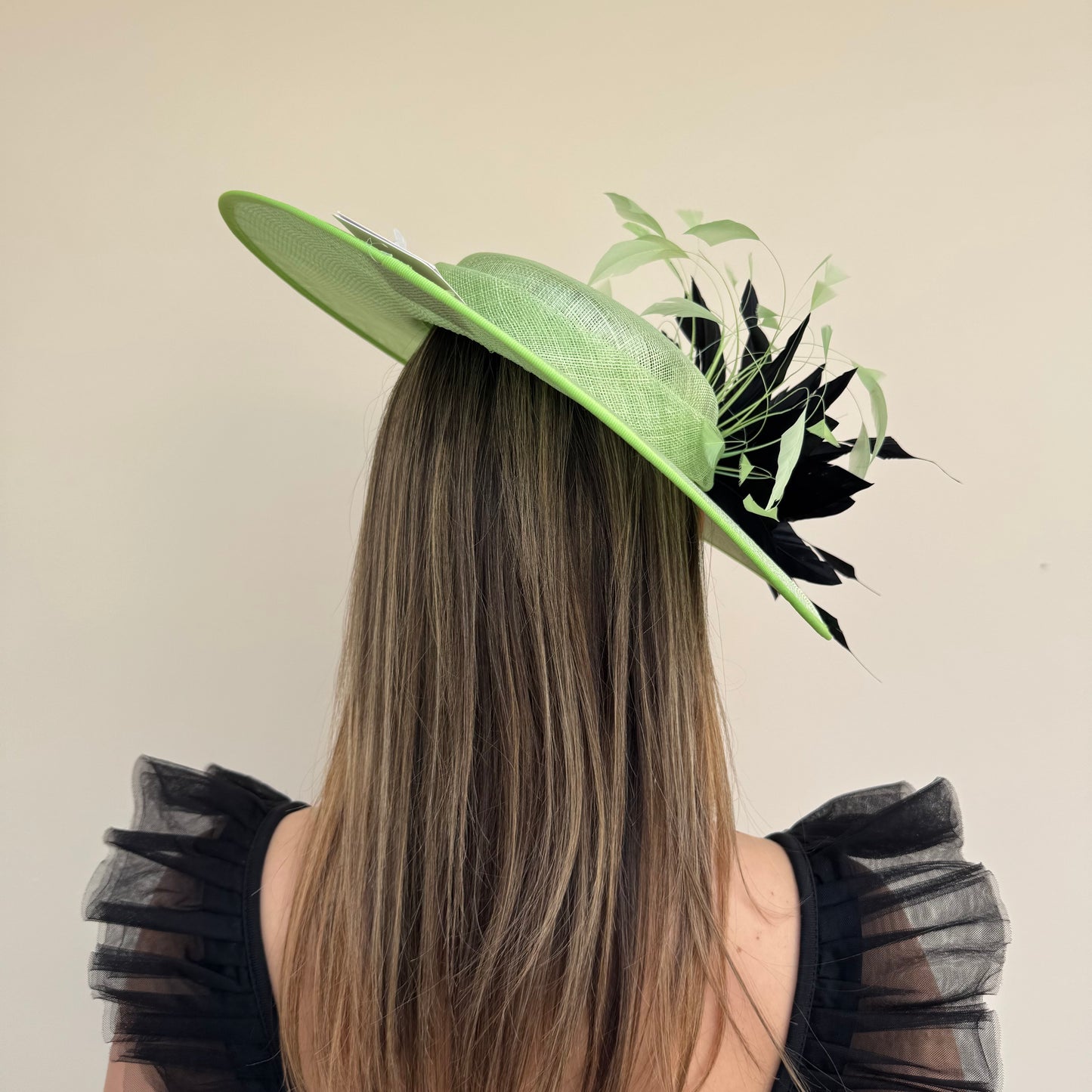 J Bees JB26/134 Lime and Black Boater Hatinator with Feathers Lime/Black