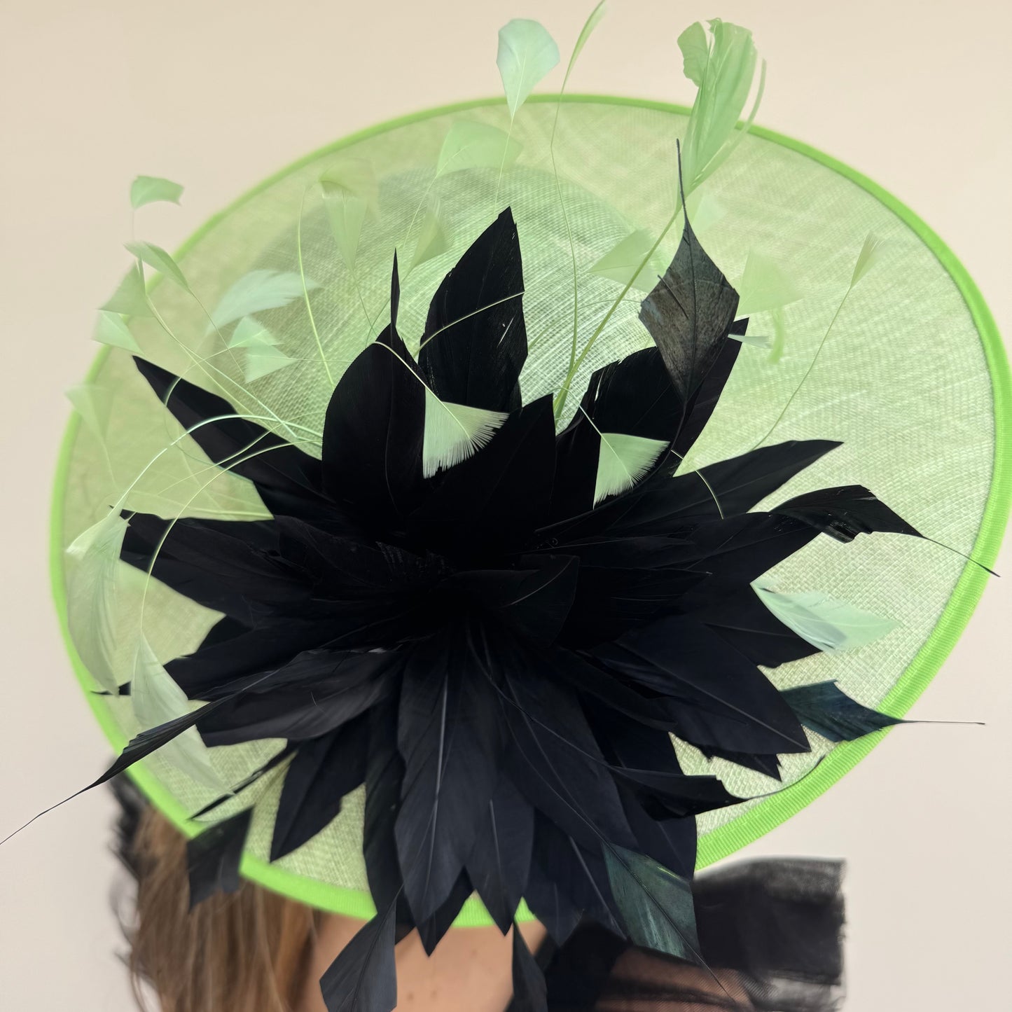 J Bees JB26/134 Lime and Black Boater Hatinator with Feathers Lime/Black