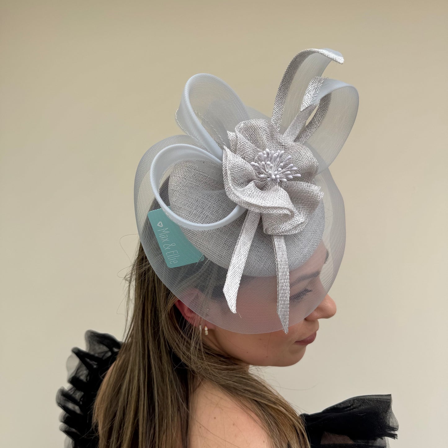 Max and Ellie JP3 Matt Silver Pillbox Fascinator