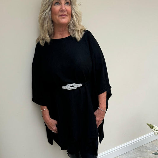 Malissa J Black Poncho Style Jumper with Bling Knot Belt