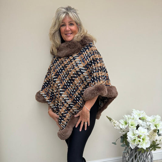 Fur Edged Knitted Poncho