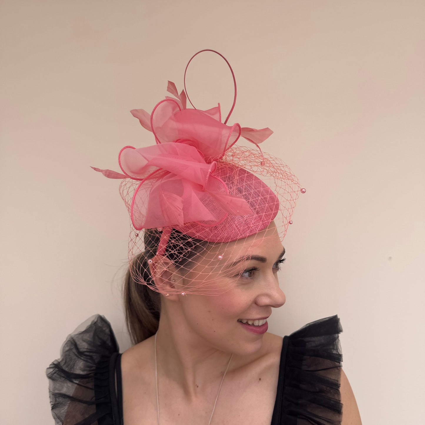 J Bees JB26/108 Coral Pillbox with pearl and lace