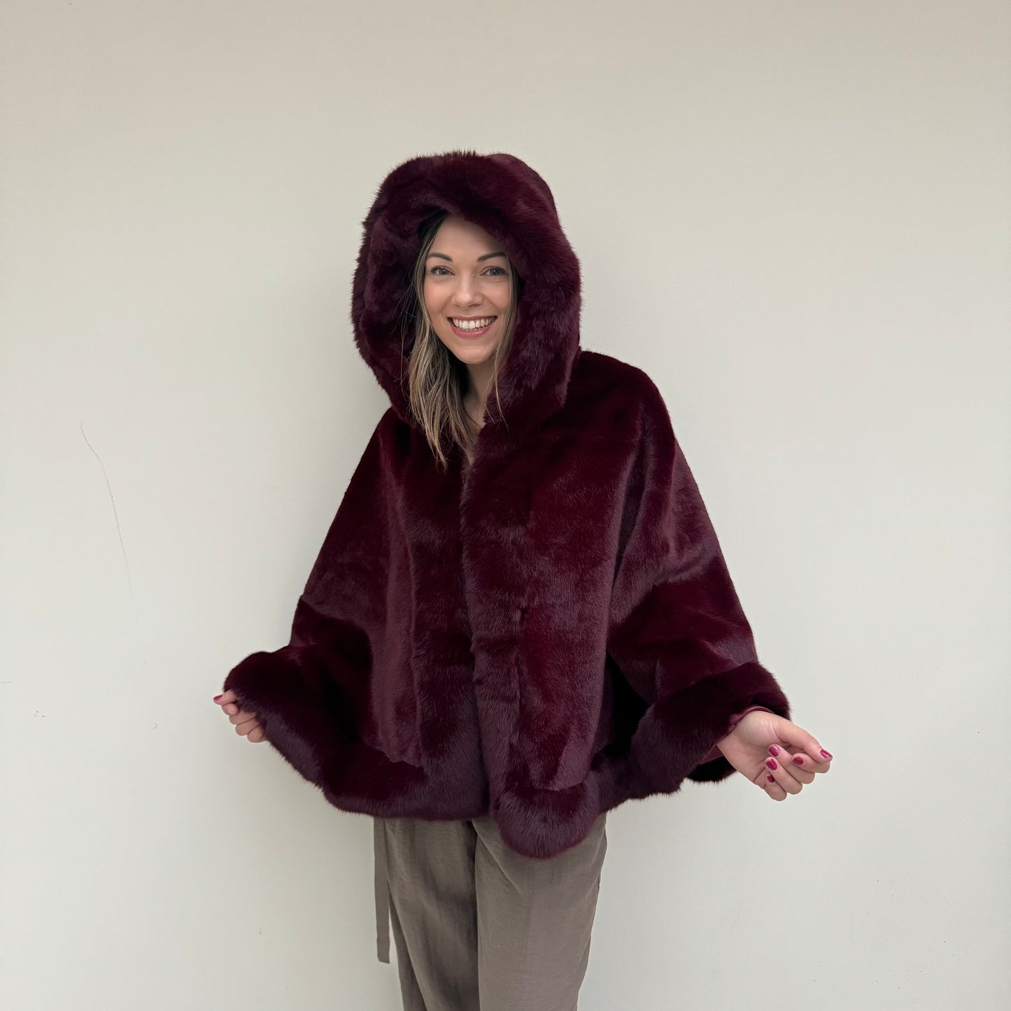 Faux Fur Hooded Poncho Cape