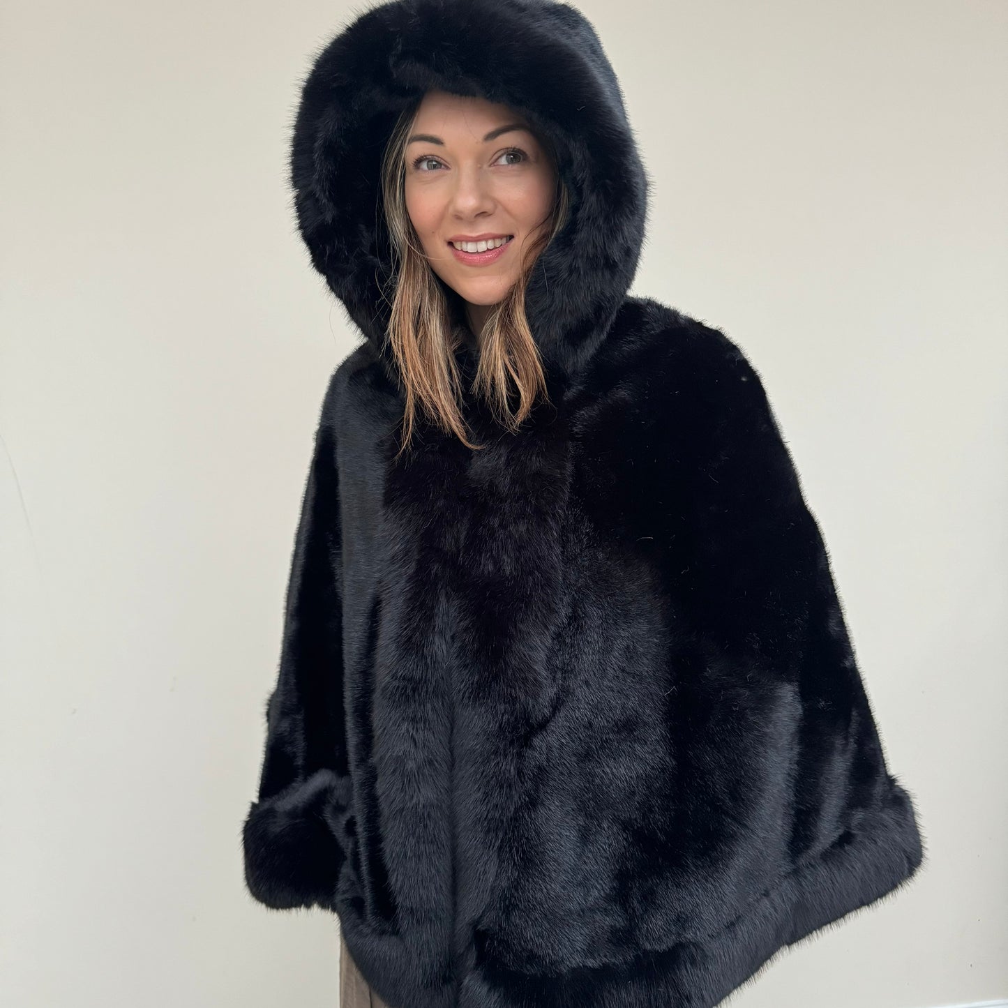 Faux Fur Hooded Poncho Cape