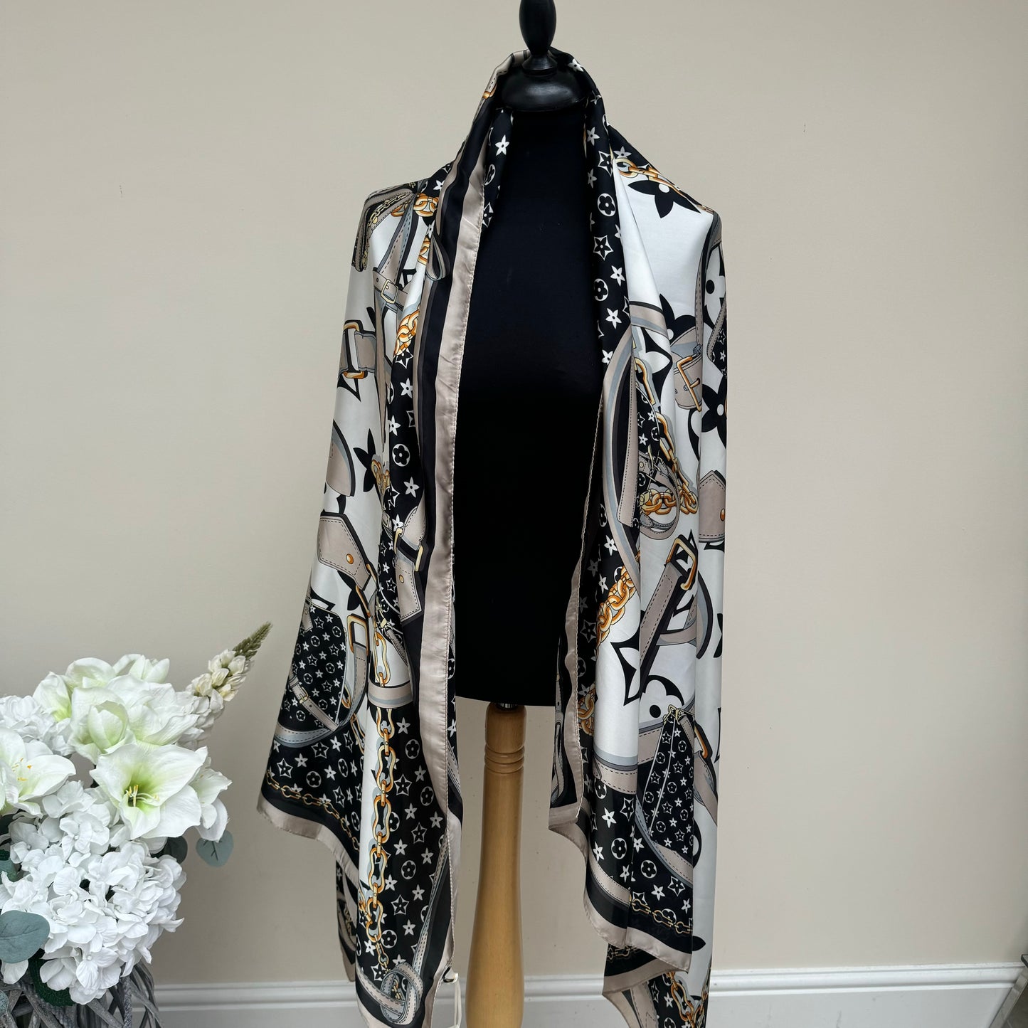 Malissa J Black Silky Scarf with Swirl and Square Print