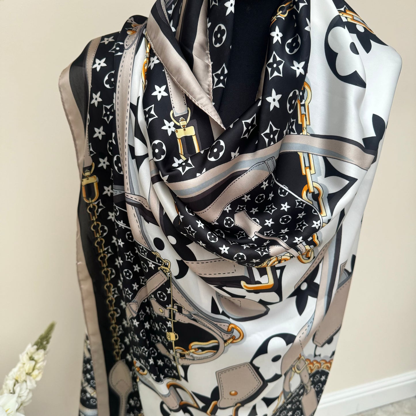 Malissa J Black Silky Scarf with Swirl and Square Print