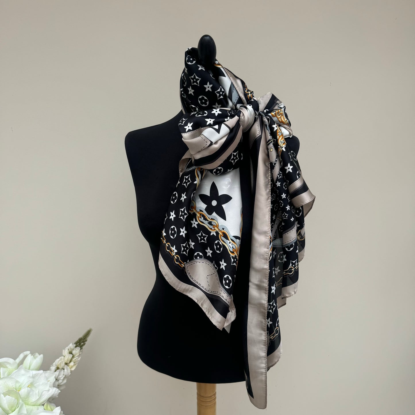 Malissa J Black Silky Scarf with Swirl and Square Print