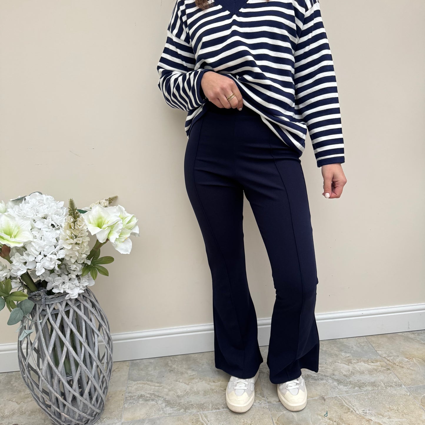 Malissa J Navy Stretch Flared Trousers