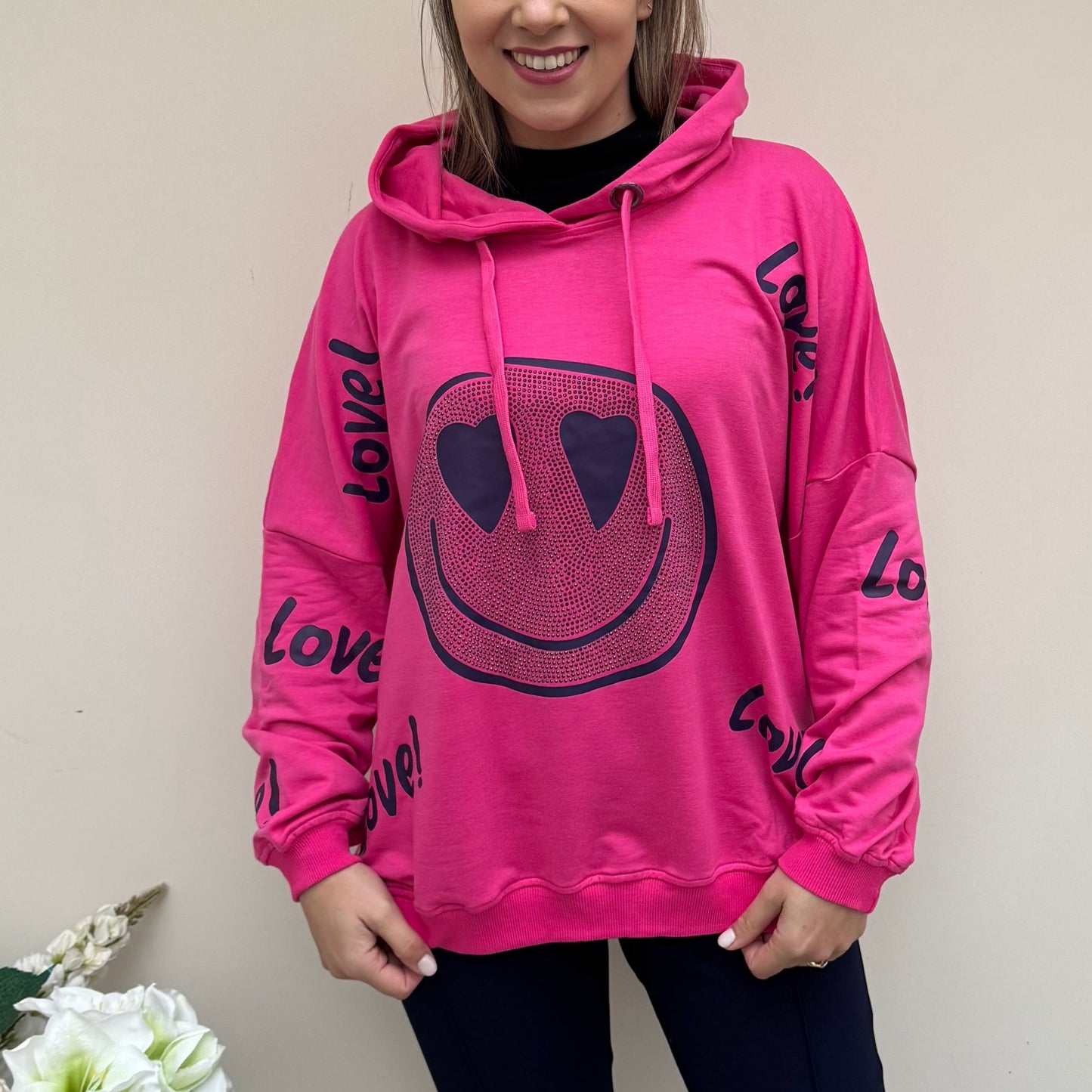 Malissa J Hooded Loopback Jumper with Smile Face Motif