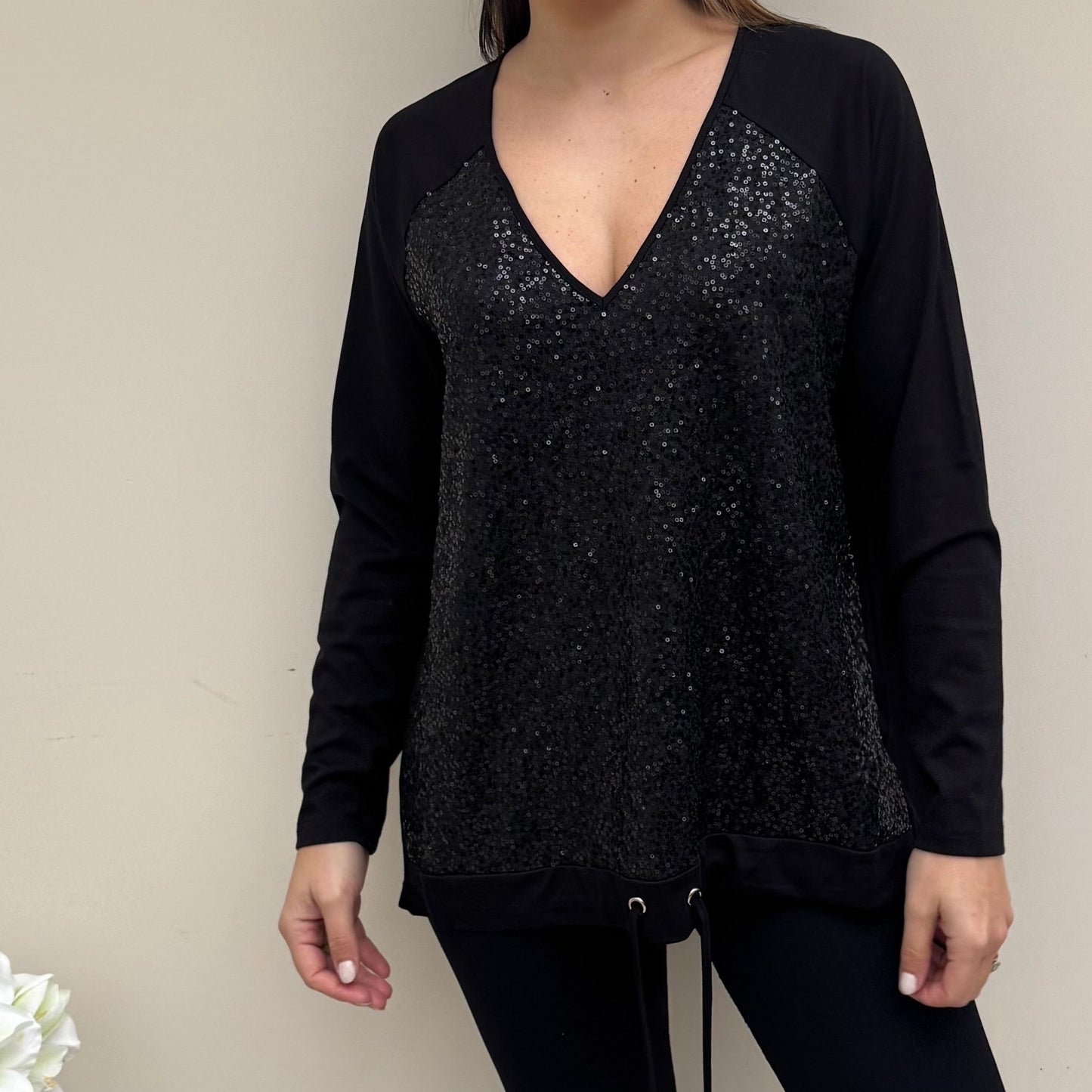 Malissa J Drawstring V Neck Sequin Top