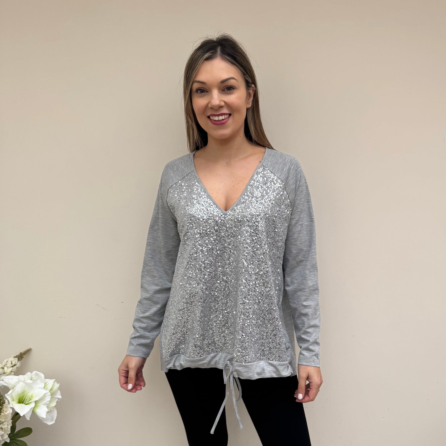 Malissa J Drawstring V Neck Sequin Top