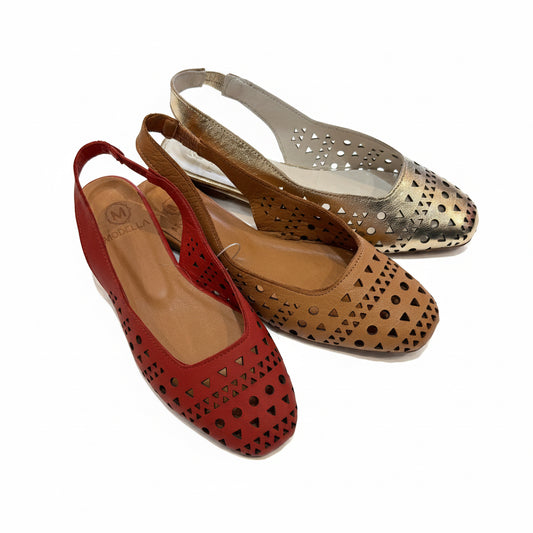 Modella Ruby leather laser cut out pattern slip on flats