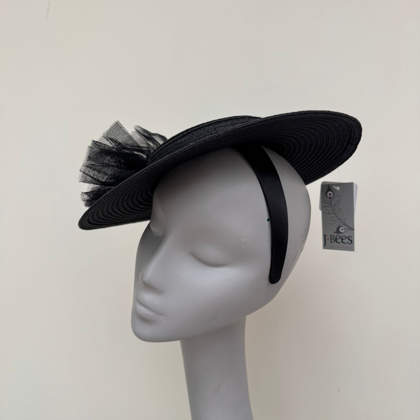 J Bees JB25/97 Black Mini Boater Hat on Headband