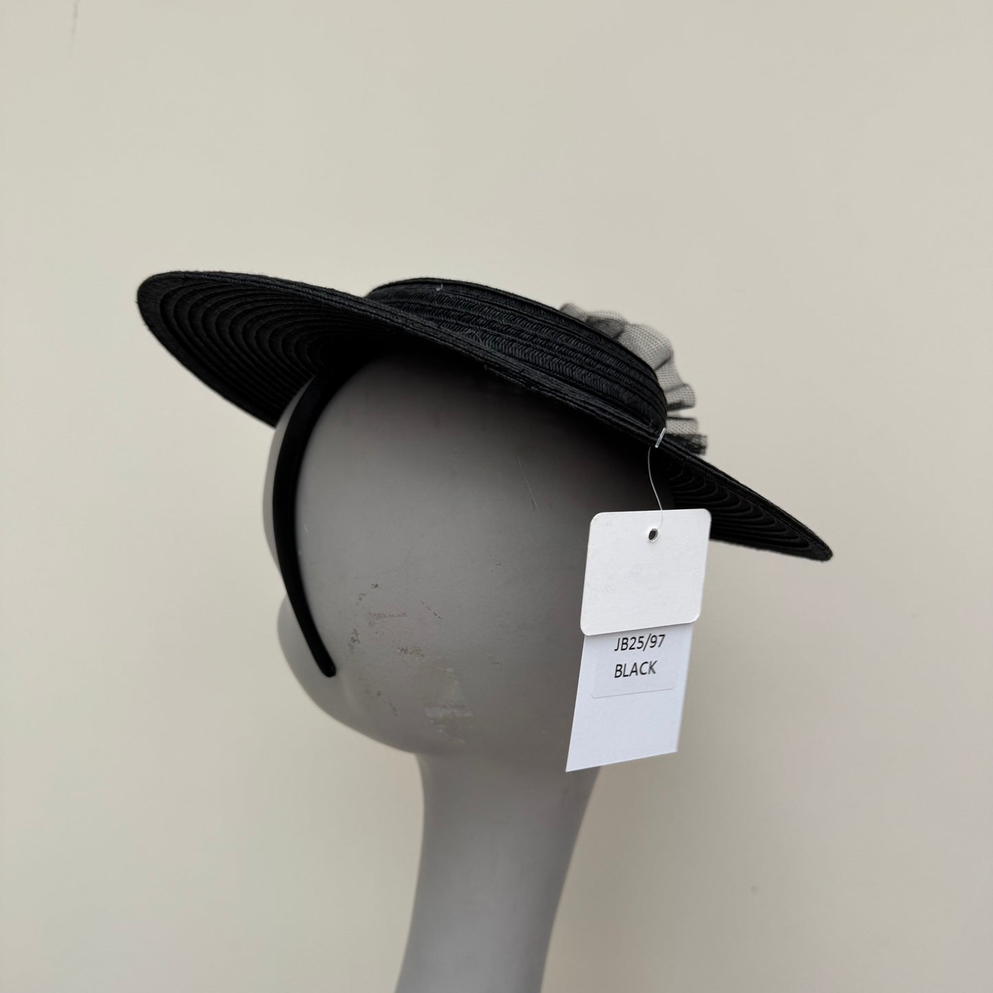 J Bees JB25/97 Black Mini Boater Hat on Headband