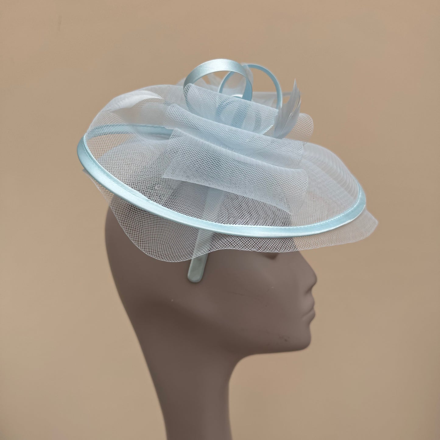 J Bees JB25/71 Cloud Baby Blue Crin with Satin Edging and Detail Fascinator