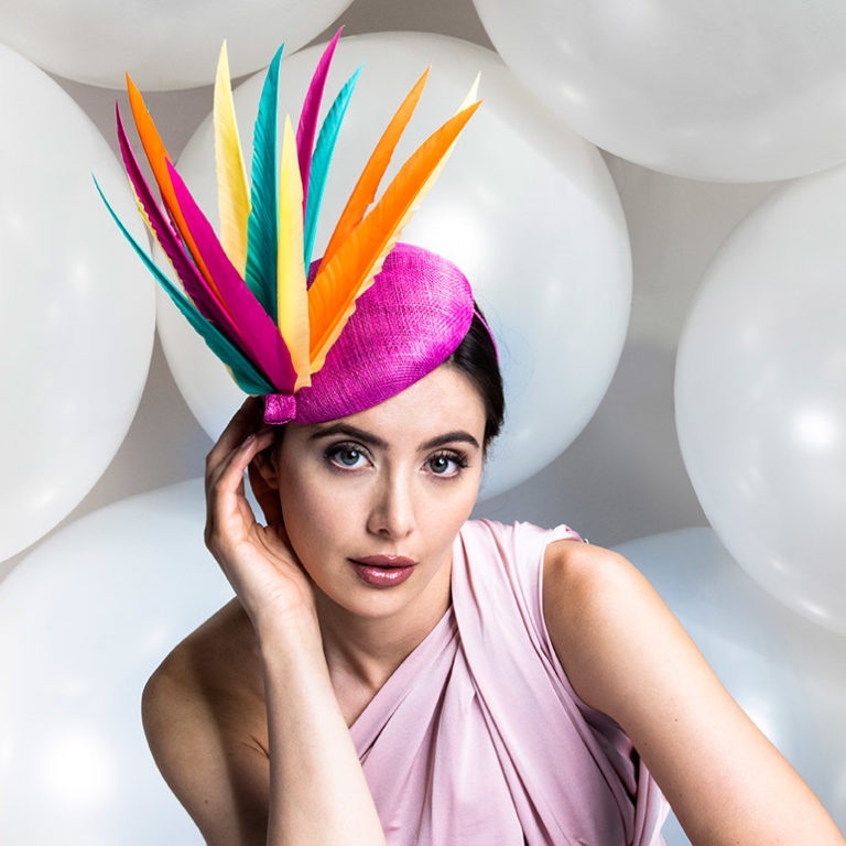 Rainbow Feather Pillbox Hat Pink Multi