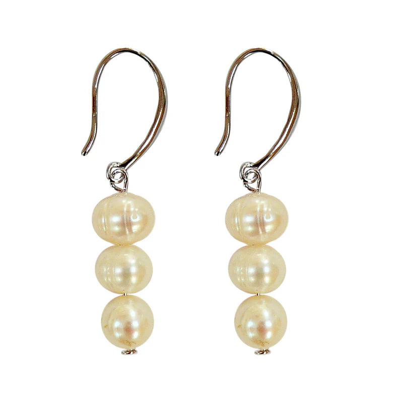 Lotus Feet Freshwater Pearl Three Bead Dropper Earrings