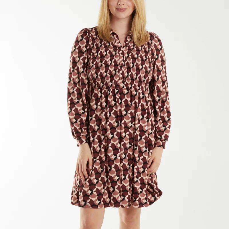 Geometric Print Shirred Bust Shirt Dress